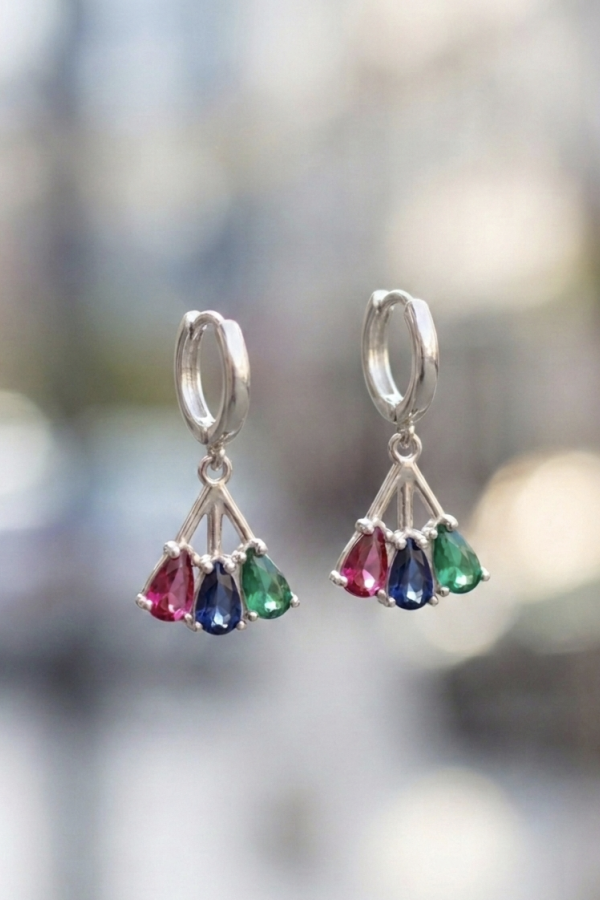 Yakut Safir ve Peridot Taşlı Yelpaze Motif Gümüş Küpe