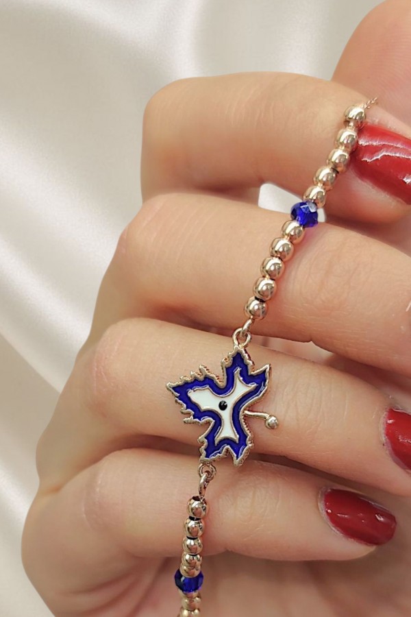 Mavi Mine Çınar Yaprağı Motif Gümüş Bileklik 