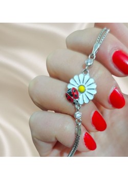 Mineli Papatya ve Uğur Böceği Motif Gümüş Bileklik