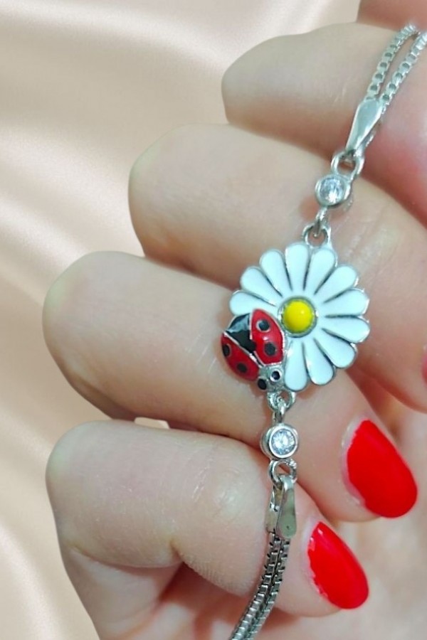 Mineli Papatya ve Uğur Böceği Motif Gümüş Bileklik