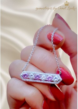 Pembe Safir ve Mozanite Taşlı Gümüş Kolye