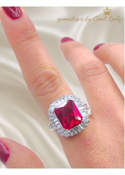 Lal ve Mozanite Taşlı Gümüş Yüzük