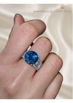 Mozanite ve London Blue Topaz Taşlı Yuvarlak Motif Gümüş Yüzük