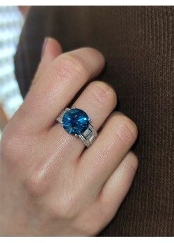 Mozanite ve London Blue Topaz Taşlı Yuvarlak Motif Gümüş Yüzük