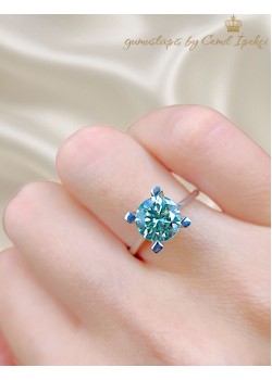 1.4 Carat Mozanite Taşlı Su Yeşili Renk Gümüş Yüzük
