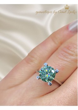 1.4 Carat Mozanite Taşlı Su Yeşili Renk Gümüş Yüzük
