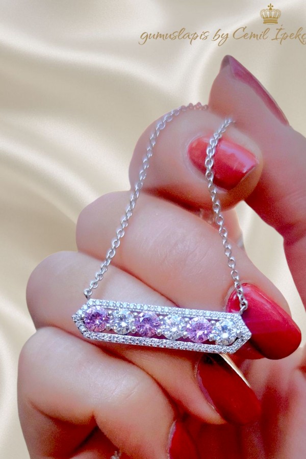Pembe Safir ve Mozanite Taşlı Gümüş Kolye