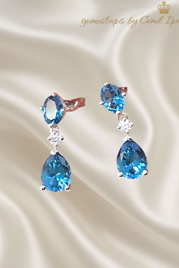 Topaz ve Mozanite Taşlı Gümüş Küpe Çifti