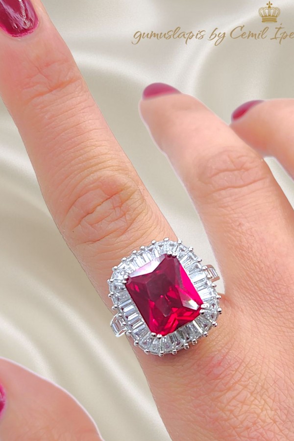 Lal ve Mozanite Taşlı Gümüş Yüzük