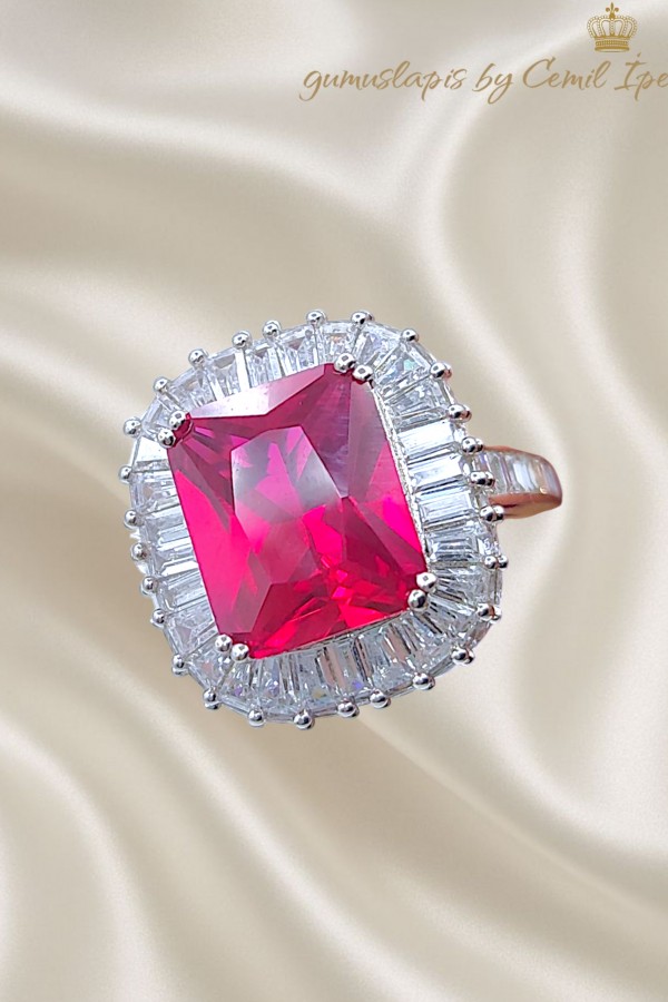 Lal ve Mozanite Taşlı Gümüş Yüzük