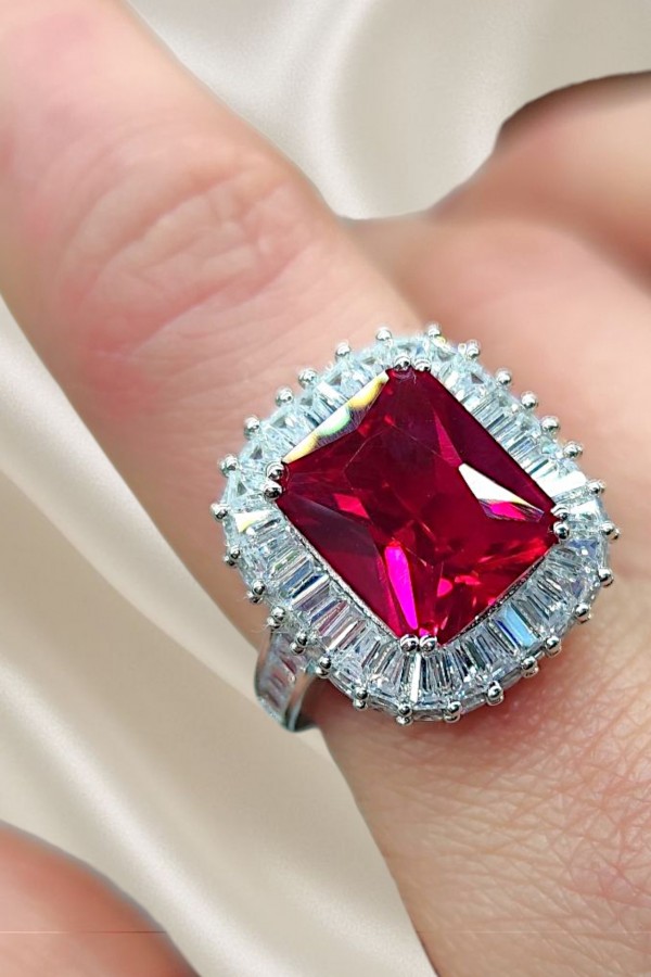 Lal ve Mozanite Taşlı Gümüş Yüzük