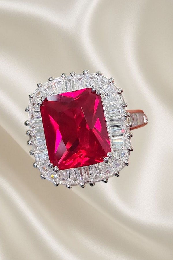 Lal ve Mozanite Taşlı Gümüş Yüzük