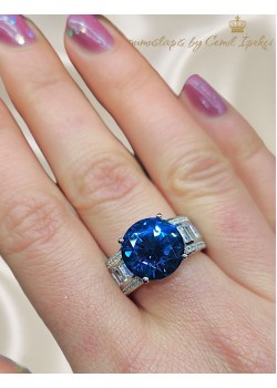 Mozanite ve London Blue Topaz Taşlı Yuvarlak Motif Gümüş Yüzük