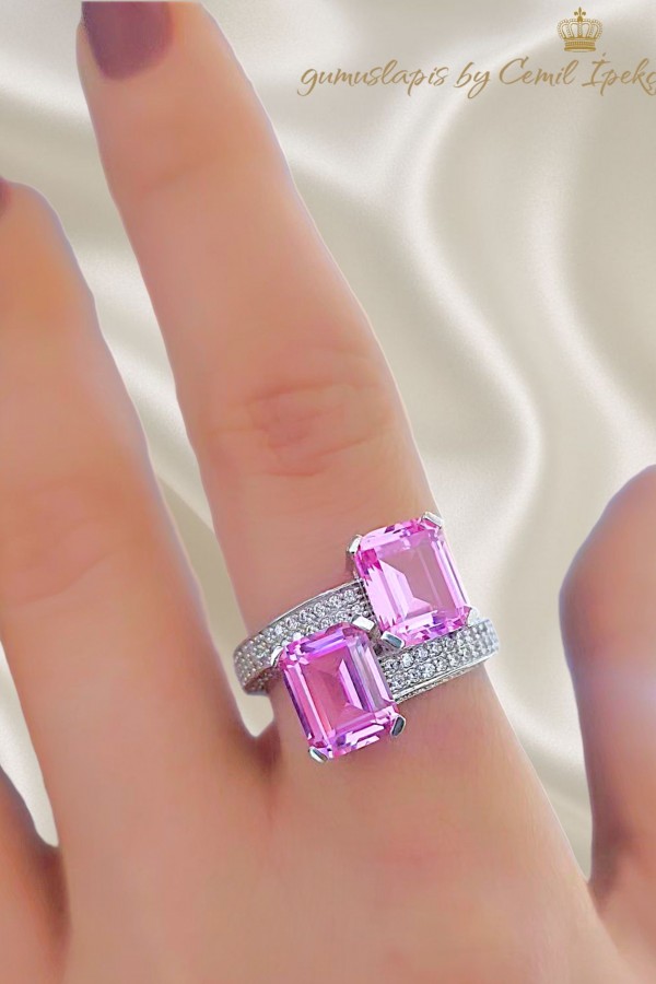 Pembe Safir ve Mozanite Taşlı Gümüş Yüzük