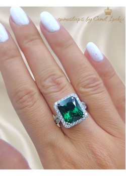 Mozanite ve Zümrüt Taşlı Gümüş Yüzük