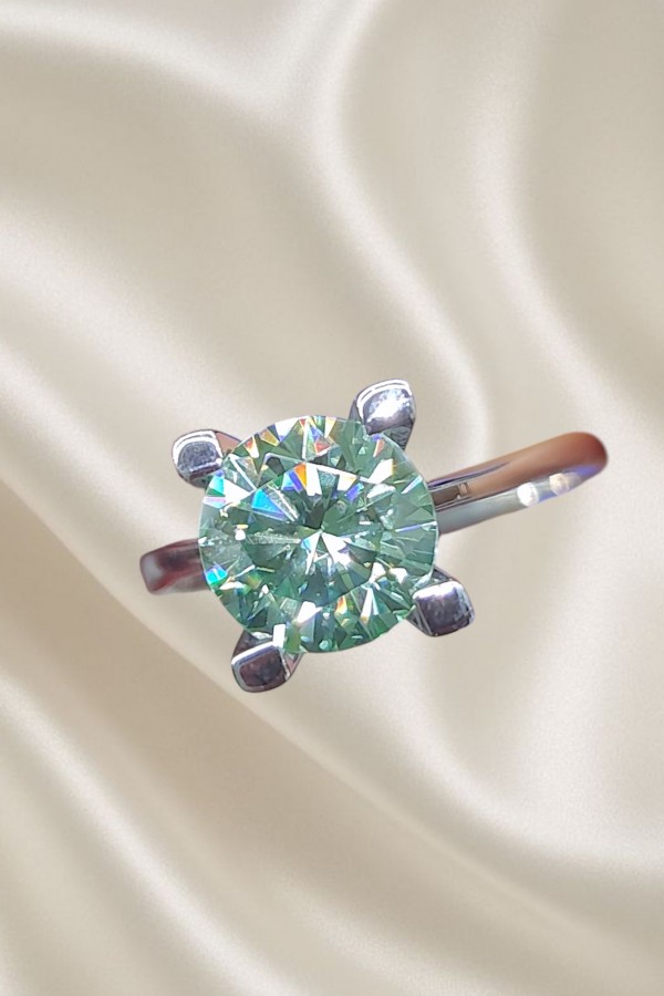 1.4 Carat Mozanite Taşlı Su Yeşili Renk Gümüş Yüzük