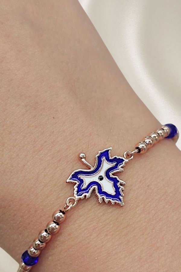 Mavi Mine Çınar Yaprağı Motif Gümüş Bileklik 
