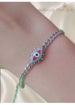 Kırmızı Mineli Göz Motif Gümüş Bileklik