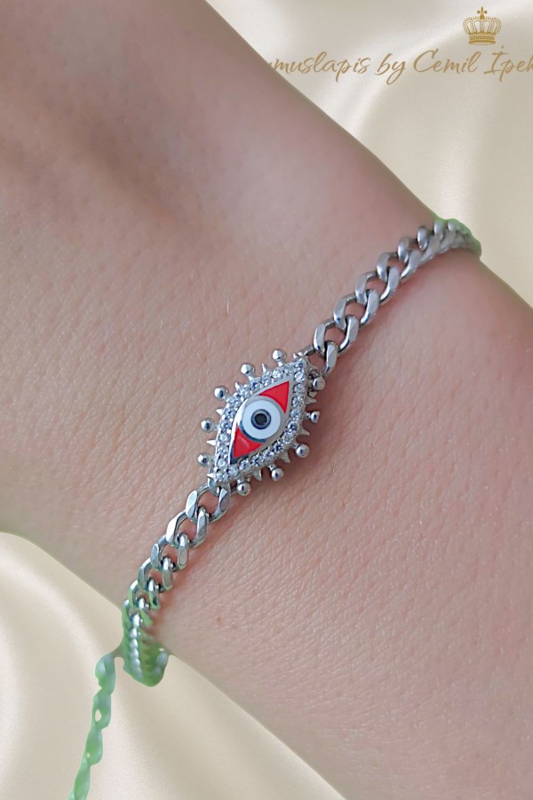 Kırmızı Mineli Göz Motif Gümüş Bileklik