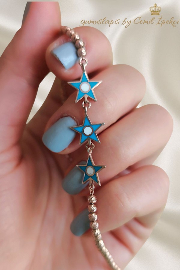 Mavi Mineli Dorika Topları ile Süslü Yıldız Motif Gümüş Bileklik 