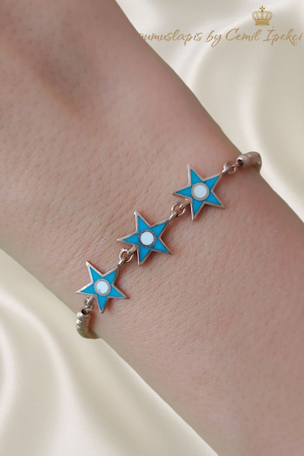 Mavi Mineli Dorika Topları ile Süslü Yıldız Motif Gümüş Bileklik 
