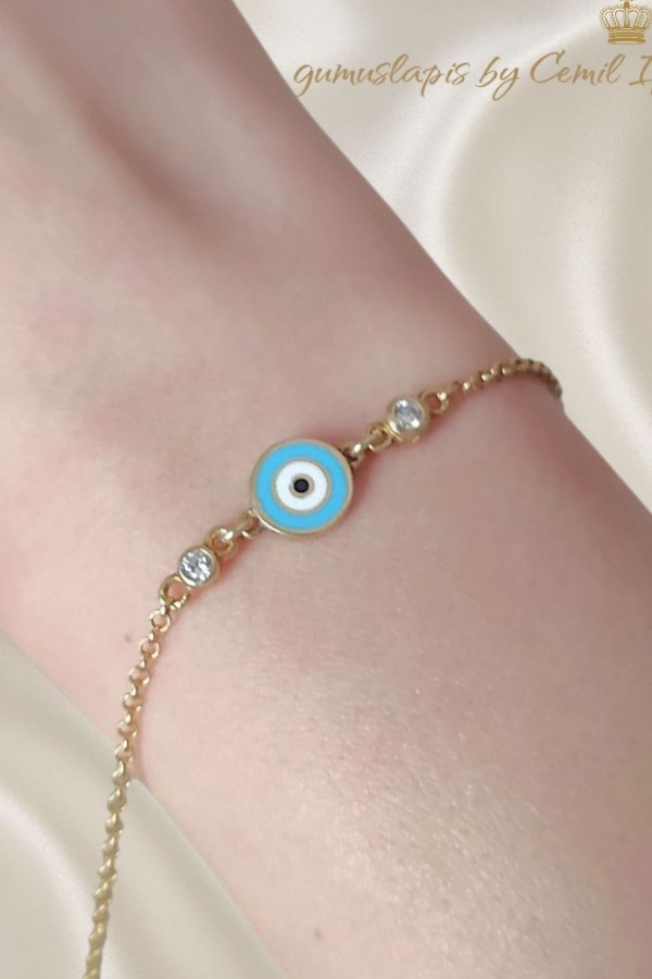 Mineli Nazar Boncuklu Gümüş Mini Bileklik
