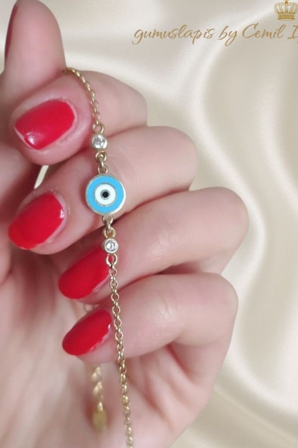 Mineli Nazar Boncuklu Gümüş Mini Bileklik