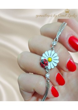 Mineli Papatya ve Uğur Böceği Motif Gümüş Bileklik