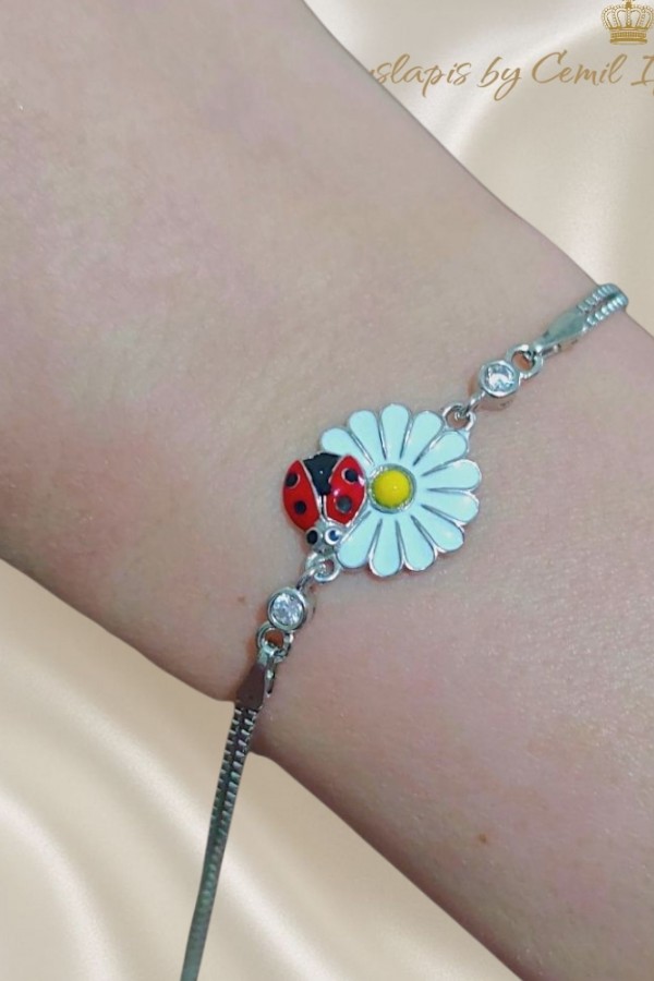 Mineli Papatya ve Uğur Böceği Motif Gümüş Bileklik