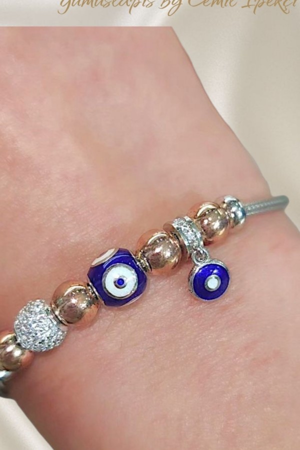 Nazar Boncuklu Mineli Çoklu Gümüş Parça Bileklik