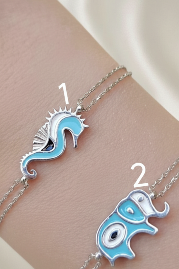 Deniz Atı ve Fil Motif Mineli Gümüş Bileklik Serisi