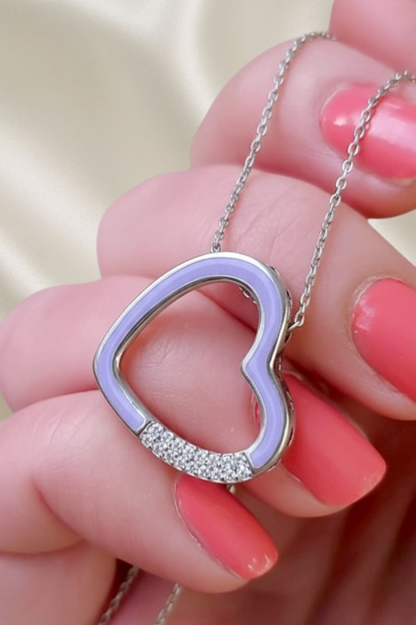 Mor Mineli Kalp Motif Gümüş Kolye 