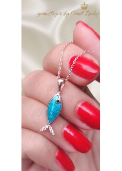 Mavi Mineli Balık Motif Gümüş Kolye Serisi 