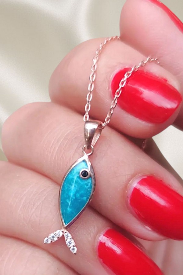 Mavi Mineli Balık Motif Gümüş Kolye Serisi 