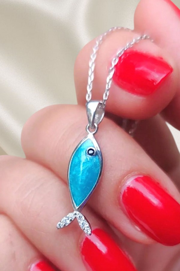 Mavi Mineli Balık Motif Gümüş Kolye Serisi 