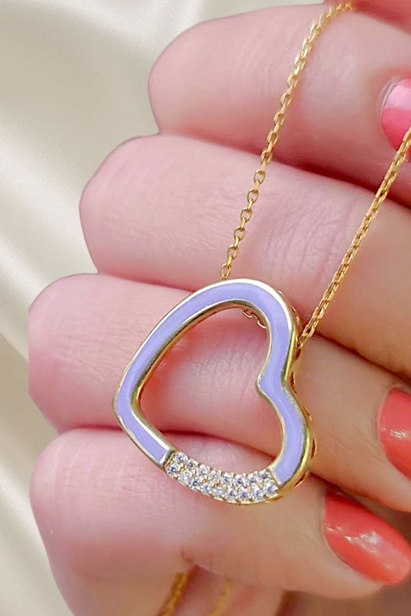 Mor Mineli Kalp Motif Gümüş Kolye 