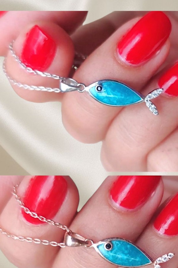 Mavi Mineli Balık Motif Gümüş Kolye Serisi 