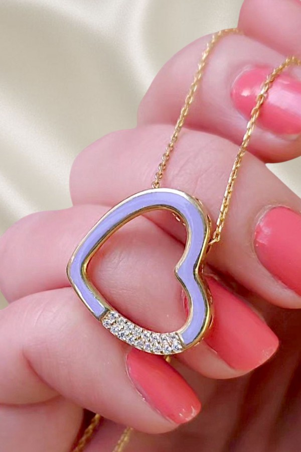 Mor Mineli Kalp Motif Gümüş Kolye 