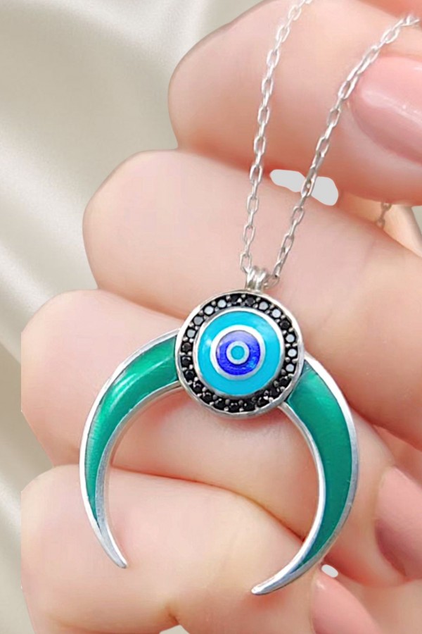 Ters Ay Motif Mineli Gümüş Kolye 