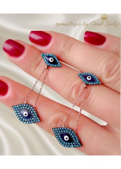 Nazar Boncuklu Göz Motif Sallantılı Gümüş Küpe