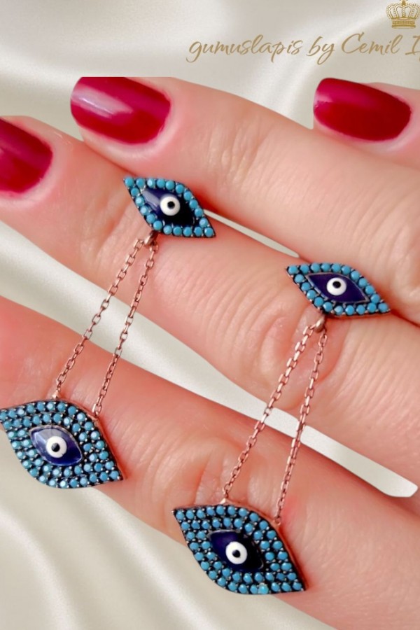 Nazar Boncuklu Göz Motif Sallantılı Gümüş Küpe