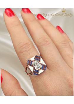 Safir Taşlı Beyaz Mineli Gümüş Yüzük