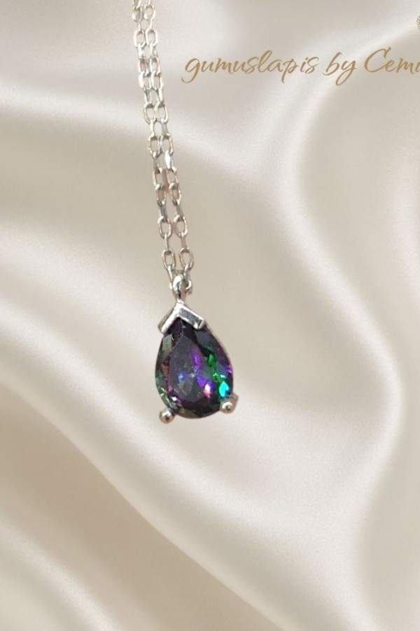 Mistik Kuvars Taşlı Damla Motif Gümüş Kolye