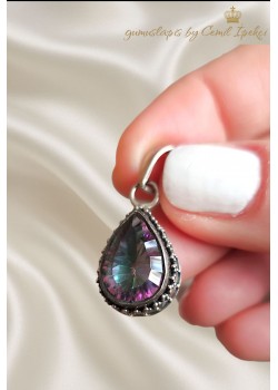 Mistik Kuvars Taşlı Damla Motif Kenarları İşli Gümüş Kolye Ucu 