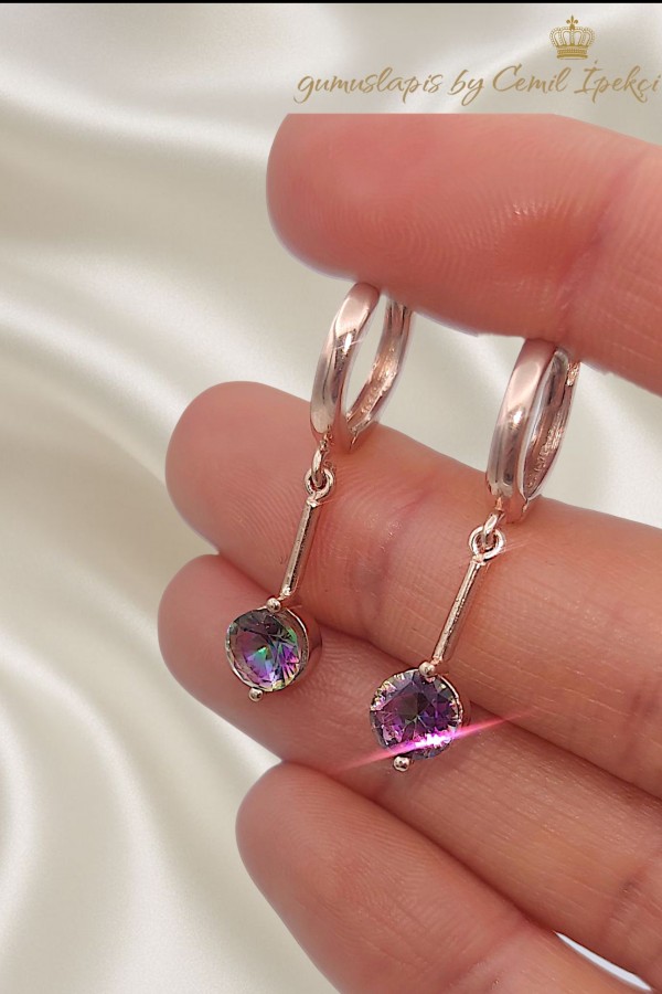 Mistik Kuvars Taşlı Çubuk Motif Gümüş Küpe Çifti 