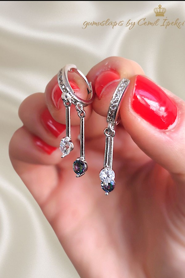 Mistik Kuvars Taşlı Sallantılı Gümüş Küpe