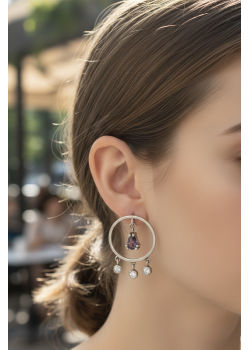 Ortası Mistik Kuvars Taşlı Gümüş Yuvarlak Küpe