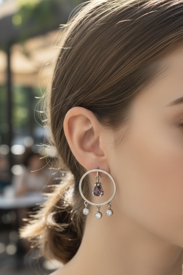 Ortası Mistik Kuvars Taşlı Gümüş Yuvarlak Küpe