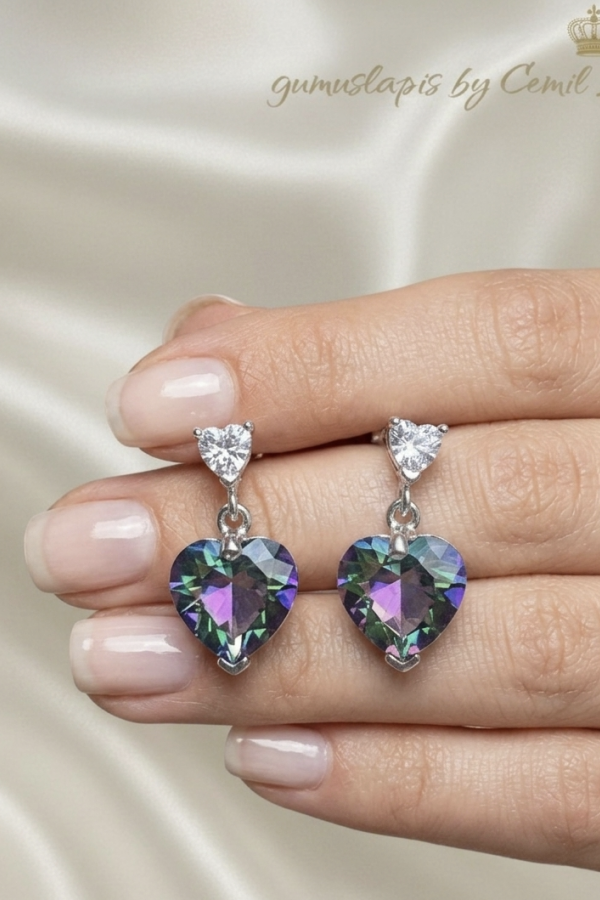 Mistik Kuvars Taşlı Kalp Motif Gümüş Küpe Çifti