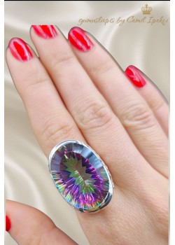 Mistik Kuvars Taşlı Yanları İşli Gümüş Yüzük 